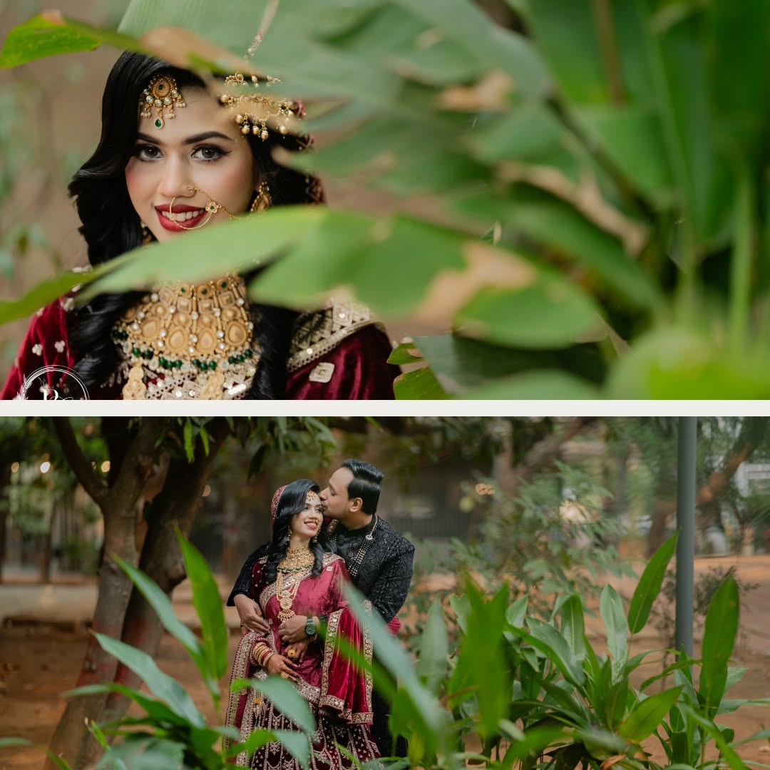 Bride through tropical foliage